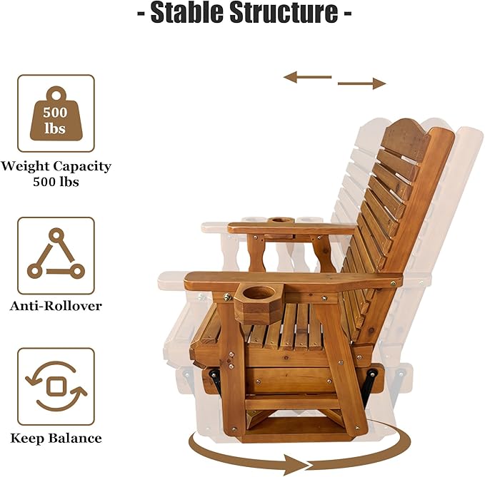 Wooden Swivel Glider Chair, 360° Outdoor Patio Rocker with Ergonomic Design, Smooth Gliding Motion, Solid Fir Wood - Photo 6