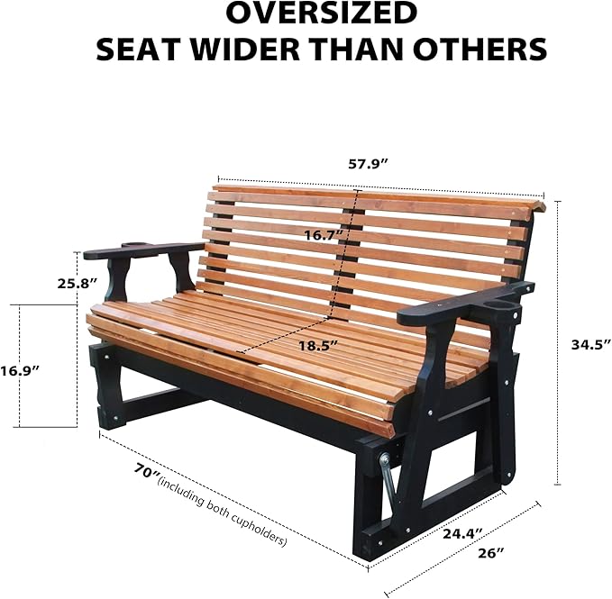 3-Seater Outdoor Glider Chair, 5FT Wood Porch Glider with High Roll Back, Cupholders and Deep Contoured for Porch, Garden, Brown and Dark Grey