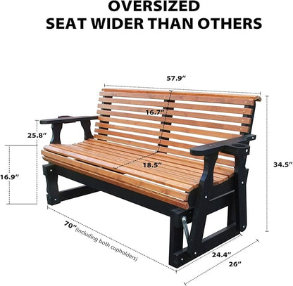 3-Seater Outdoor Glider Chair, 5FT Wood Porch Glider with High Roll Back, Cupholders and Deep Contoured for Porch, Garden, Brown and Dark Grey