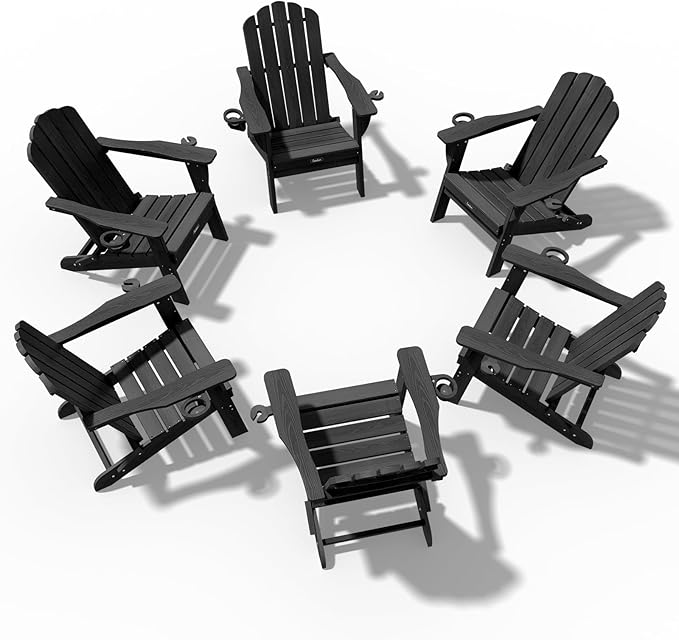 Adirondack Chairs Set of 6, Fire Pit Chairs, Wood Texture Patio Chairs with 2 Cup Holder, Outdoor Lawn Chair, Black