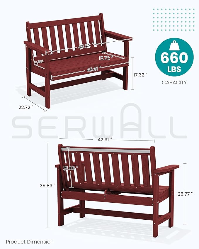 SERWALL Outdoor Bench, HDPE Outdoor Benches Weatherproof, 2-Person Garden Bench with 660 lbs Weight Capacity - Photo 3