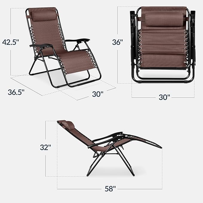 Best Choice Products Set of 2 Extra Wide Adjustable Steel Mesh Zero Gravity Lounge Chair Recliners w/Pillows and Cup Holder Trays - Brown