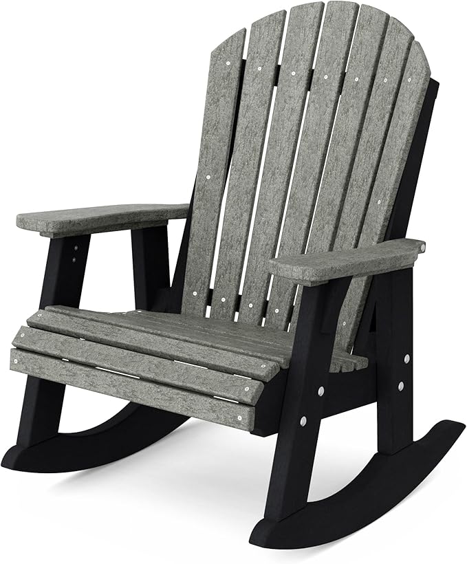 Wildridge Heritage Adirondack Rocking Chair, Dark Gray and Black - Outdoor Weather Resistant HDPE Rocking Chair for Patio, Deck, Fire Pit