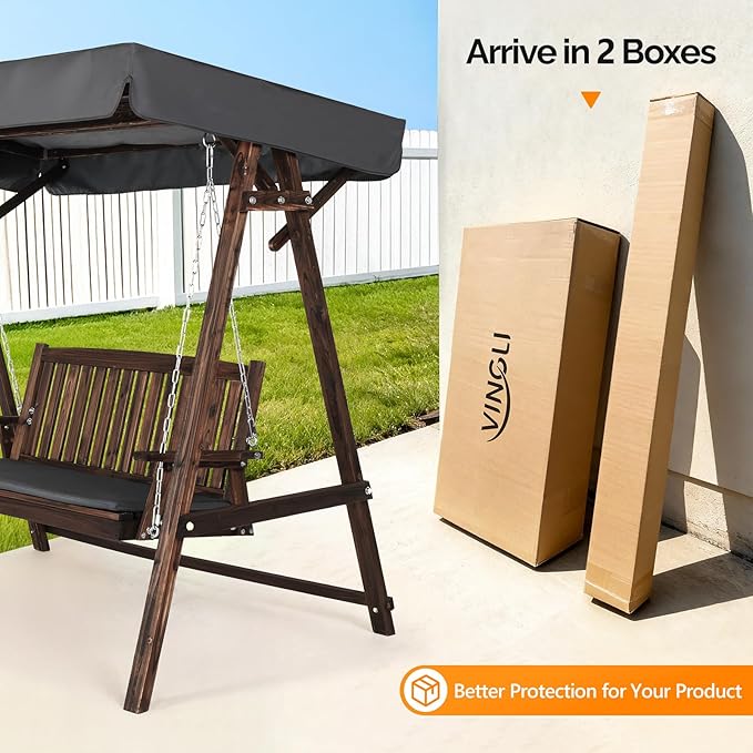 VINGLI Porch Swing with Stand, Wooden Swing & Stand with Canopy, Hanging Swing Chair with Stand for Garden, Patio and Yard (Rustic)