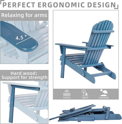 Outdoor Wooden Folding Adirondack Chair with Retractable Ottoman, Wood Patio Chair with Footrest for Garden Backyard Porch Pool Deck Firepit