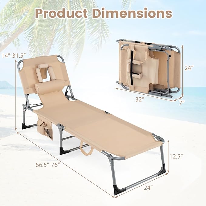 Giantex Face Down Tanning Chair, Folding Beach Lounge Chair w/ 4-Position Adjustable Backrest - Photo 3
