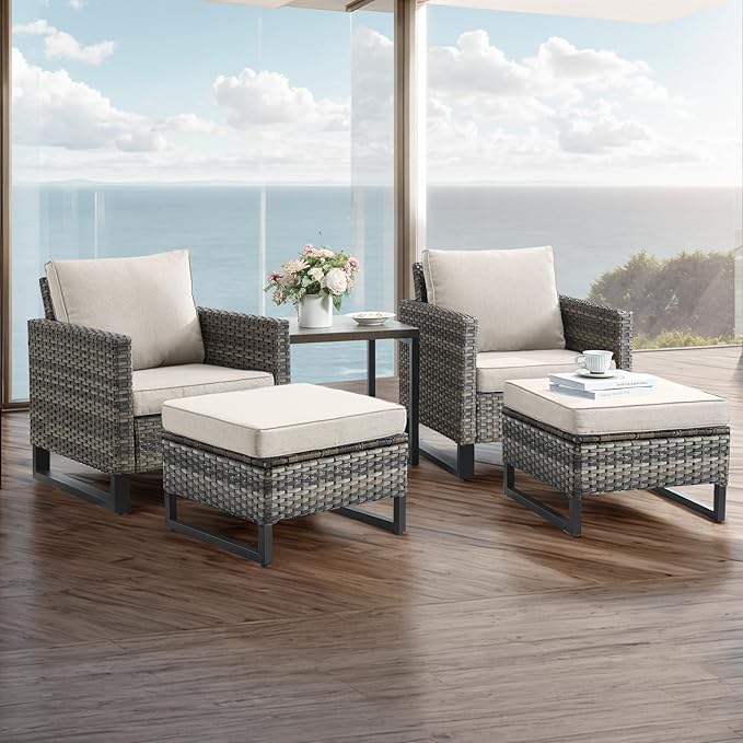 Wicker Outdoor Patio Furniture Set - 5 Piece Patio Conversation Set with 2 Wicker Armrest Chairs - Photo 1