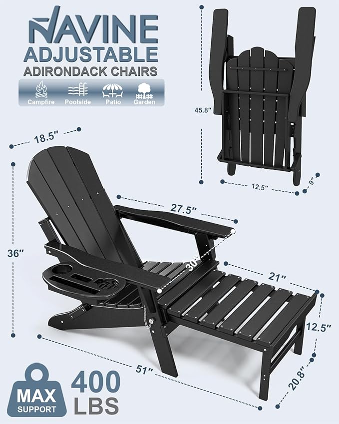 Adjustable Adirondack Chair with Retractable Ottoman, HDPE Folding Adirondack Chair with Cup Holder, All Weather Fire Pit Chair for Outdoor.