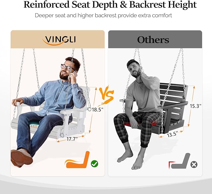 VINGLI Heavy Duty 440 LBS 1-Person Wooden Patio Porch Swing with Deeper Seat & Higher Backrest & Extra Cup Holder for - Photo 2