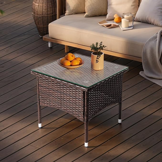 20 inch Patio Side Table, Outdoor Patio Wicker Square End Table with Adjustable Feet Pads and Double Storage Layer, All-Weather Rattan Coffee Tables Porch Furniture for Backyard Poolside Garden