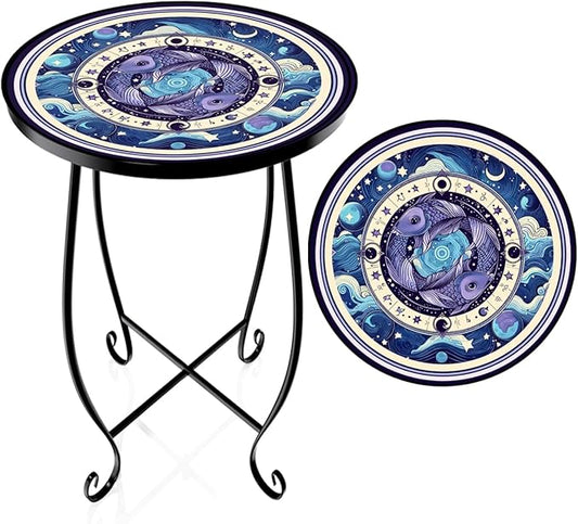 15 Inch Tall Outdoor Side Table, Metal Patio End Table with Twin Koi Fish Pattern, Rust Proof Black Small Garden Stool for Deck, Coastal Decor & Mermaid Table Gift