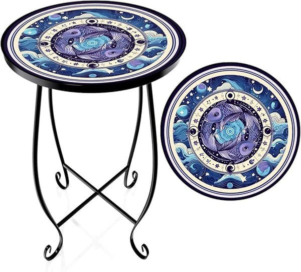 15 Inch Tall Outdoor Side Table, Metal Patio End Table with Twin Koi Fish Pattern - Photo 1