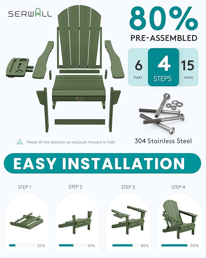 SERWALL Folding Adirondack Chair, Paito Adirondack Chairs with 4-in-1 Multi-Functional Cup Holder, Outdoor Chairs - Photo 4