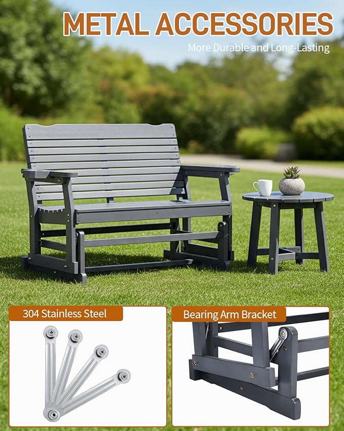 Outvita Patio Glider with Cup Holders, Wooden Outdoor Glider Bench with High Roll Back & Deep Contoured Seat, Smooth Porch Glider Loveseat Heavy Duty 800 Lbs, Gray