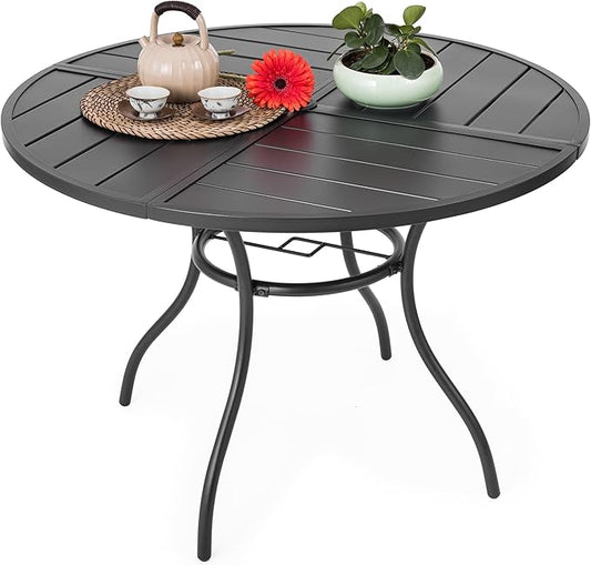 Sour Citrus Round Outdoor Metal Patio Dining Table with Umbrella Hole, Weather-Resistant Table for Poolside, Garden, Backyard, Lawn and Deck, Black