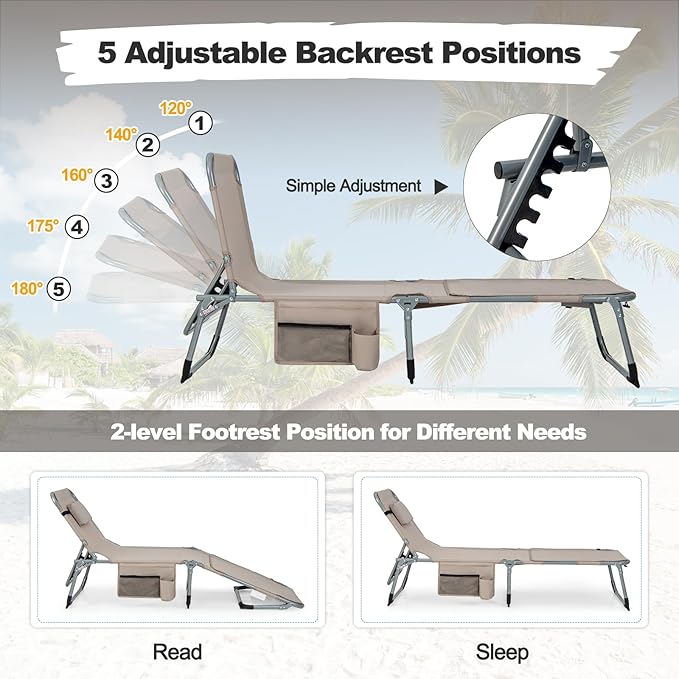 Tangkula Tanning Chair, Outdoor Folding Beach Lounge Chair with Face/Arm Hole, 2 Carry Handle, Pillow - Photo 5