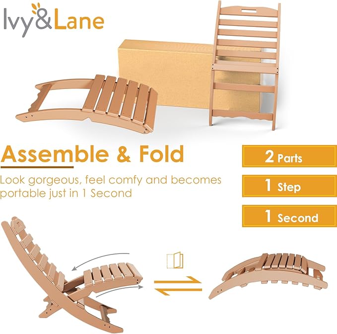 IVY&LANE Portable Xavier-Chairs Set of 2 | Folding-Adirondack-Chair | Wave | HDPE Plastic | Limited Edition | Teak | All-Weather Resistant | for Outdoor Fire-Pit Patio Lawn Beach Poolside