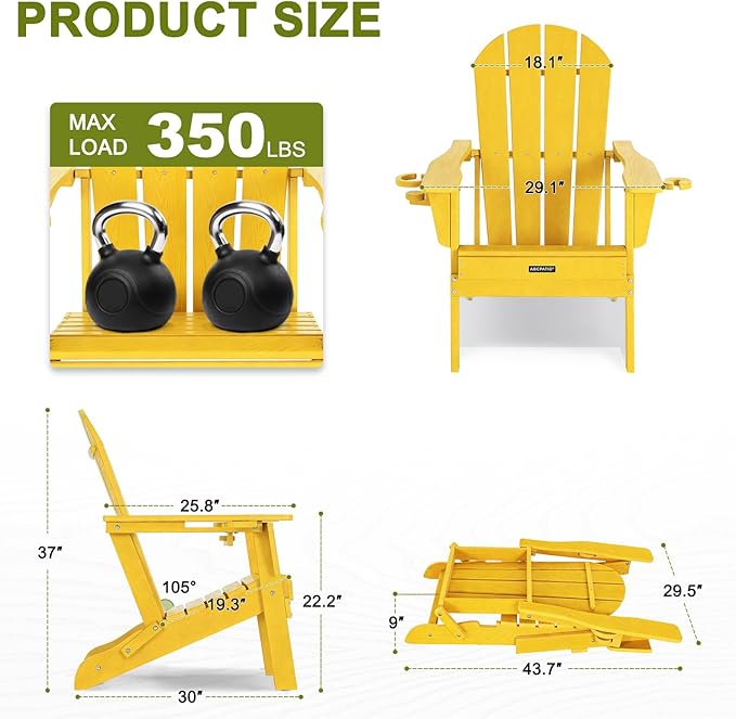 Folding Adirondack Chair with Dual Cup Holders, All-Weather HDPE Patio Chair Deck Chairs Outdoor, Fire Pit Chairs for Garden, Lawn, Poolside, Backyard, Pool - Yellow (Wood-Look)