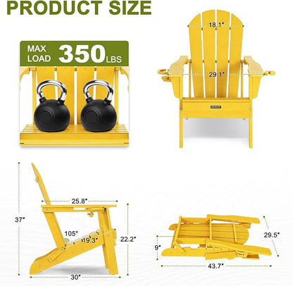 Folding Adirondack Chair with Dual Cup Holders, All-Weather HDPE Patio Chair Deck Chairs Outdoor, Fire Pit Chairs for Garden, Lawn, Poolside, Backyard, Pool - Yellow (Wood-Look)