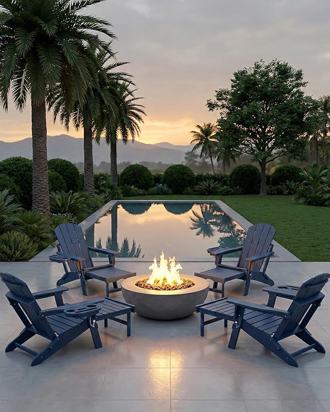 Adjustable Adirondack Chair with Retractable Ottoman Set of 4, HDPE Folding Adirondack Chair with Cup Holder, All Weather Fire Pit Chair for Outdoor.