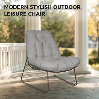 Grand patio Modern Accent Chair, Metal Outdoor Lounge Chair with Soft Cushion,Comfy Papasan Chair for Patio Backyard Porch Deck Bedroom, Weather Resistant and Easy to Maintain, Light Gray