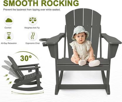 Outdoor Rocking Chair Set of 4, HDPE Poly All-Weather Patio Rocking Chairs with Cup Holder for Adults, Porch Rocker for Deck Patio Balcony, 440lbs, Dark Gray