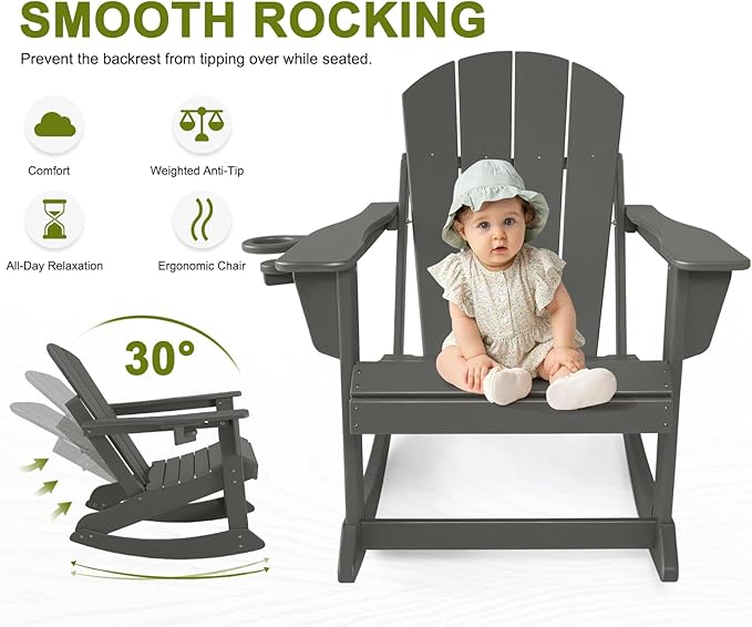 Outdoor Rocking Chair Set of 2, HDPE Poly All-Weather Patio Rocking Chairs with Cup Holder for Adults, Porch Rocker for Deck Patio Balcony, 440lbs, Dark Gray