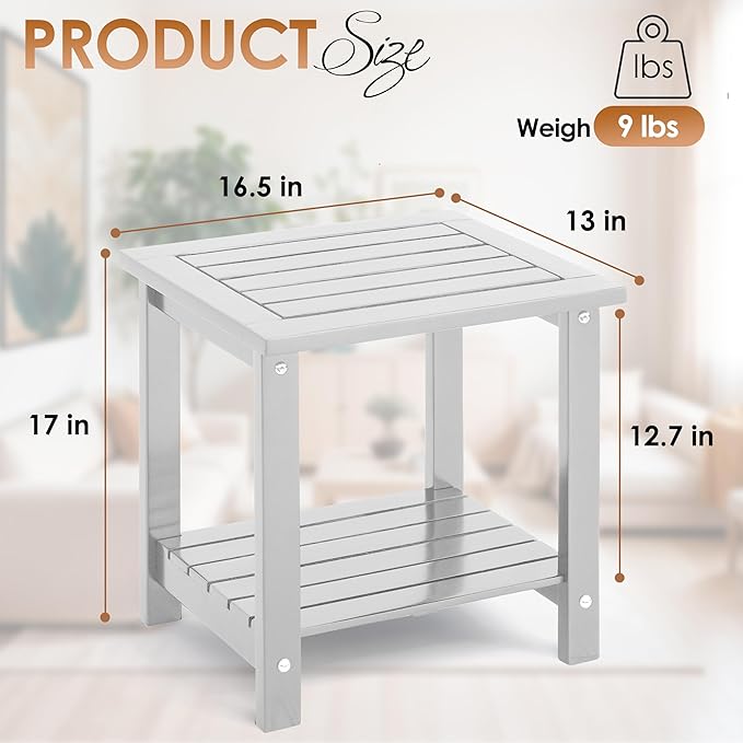 2-Tier Adirondack Outdoor Side Table, 16.6" Acacia Weather-Resistant End Table with Shelf for Patio, Garden, Lawn, Living Room (White)