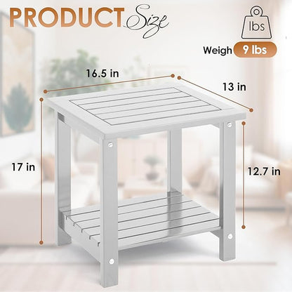 2-Tier Adirondack Outdoor Side Table, 16.6" Acacia Weather-Resistant End Table with Shelf for Patio, Garden, Lawn, Living Room (White)