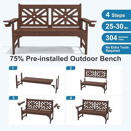 Oversized Outdoor Bench Set of 2, 51.5” HDPE Aesthetic Garden Bench with Cup Holders, Memorial Benches - Easy Assembly & All Weather, for Porch & Patio, 800lbs Load Capacity (Brown)