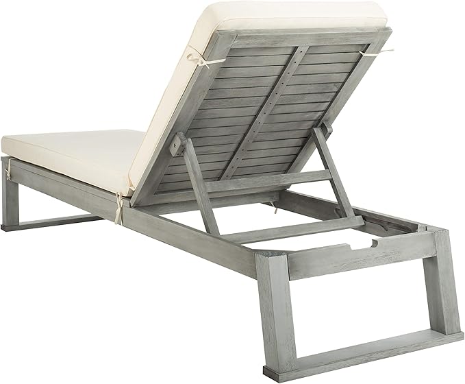 SAFAVIEH Outdoor Collection Solano Grey Solid Wood/Beige Cushion Patio Adjustable Chaise Lounge Chair (PAT7024E)