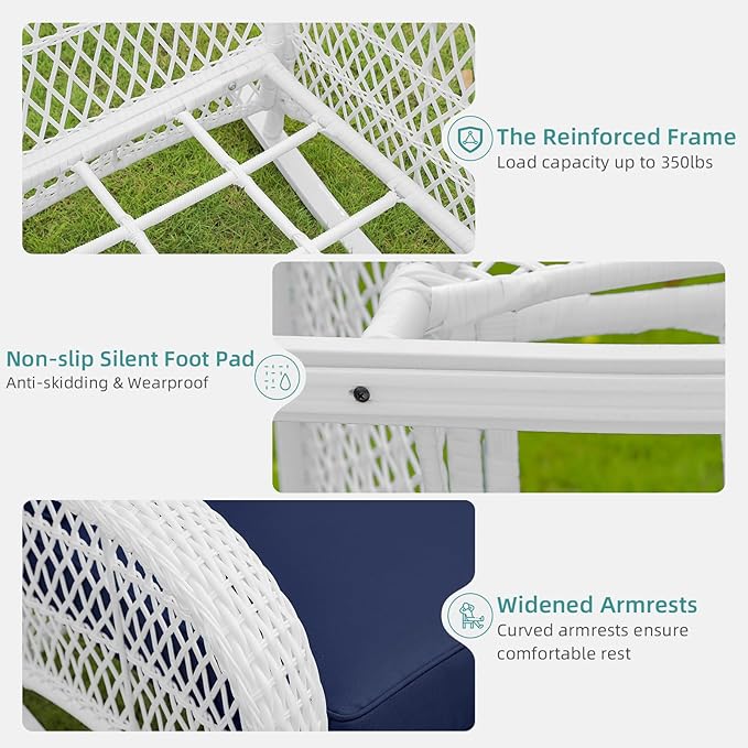 MEETWARM Outdoor Wicker Rocking Chairs Set of 2, Rattan Patio Rocker Chairs with Thick Cushions and High Back, All-Weather Patio Wicker Chair with Safe Rocking Design for Garden, White/Navy