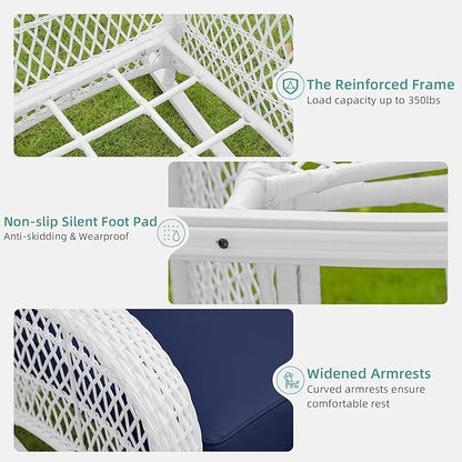 MEETWARM 3 Pieces Patio Conversation Set, Rattan Outdoor Rocking Patio Bistro Set with 2 Rockers and 1 Side Table with 4" Thick Cushions, Outdoor Furniture Set for Porch Backyard, White Wicker/Navy