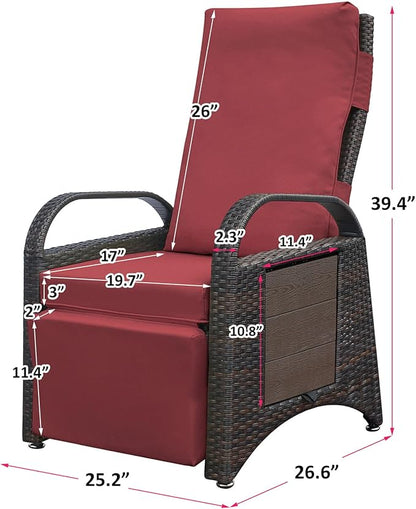ATR ART TO REAL Outdoor Recliner Chairs, PE Wicker Reclining Lounge Chair with Removable Soft Cushion, Adjustable Outside Recliners for Patio, Porch, Poolside, Balcony, Lawn (Red, 1 PC)