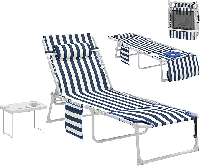 Outsunny Tanning Chair with Face Hole, Side Table, 5-Position Reclining Folding Chaise Lounge Chair Outdoor Lounger Recliner, Carry Straps for Beach Pool Camp, Oxford Fabric, Blue and White