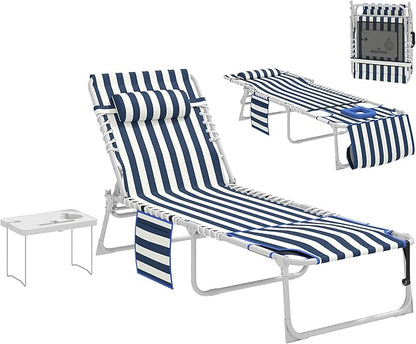 Outsunny Tanning Chair with Face Hole, Side Table, 5-Position Reclining Folding Chaise Lounge Chair Outdoor Lounger Recliner, Carry Straps for Beach Pool Camp, Oxford Fabric, Blue and White