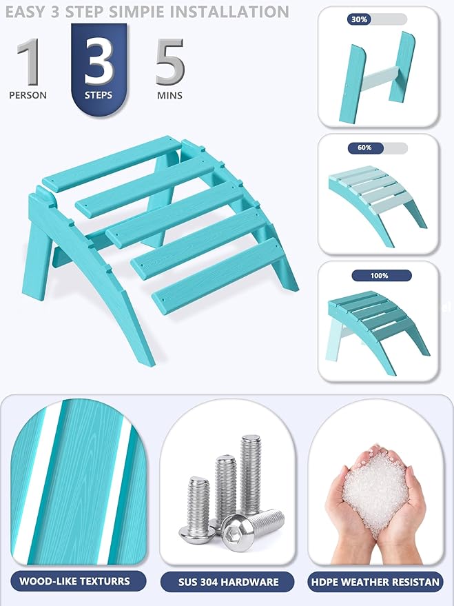 Plawdlik Folding Ottoman for Adirondack Chair–HDPE All-Weather Footrest for Outdoor Use, Garden & Poolside– Anti-Cracking, Fade-Resistant, Easy Assembly–Aruba