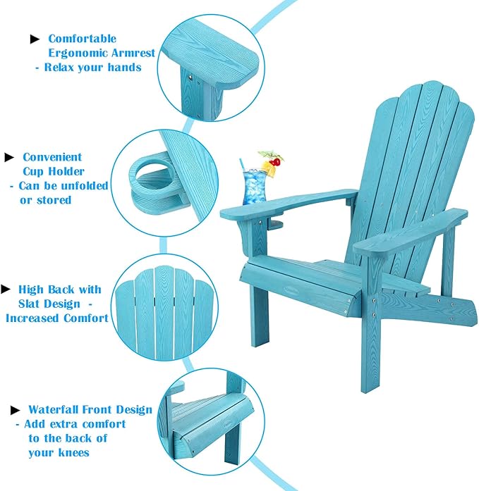 Adirondack Chair, Hard Plastic Weather Resistant Adirondack Chair with Cup Holder, Comfortable Easy to Assemble and Maintain, Outdoor Chair for Patio, Backyard Deck, Fire Pit & Lawn Porch ( Lake Blue)