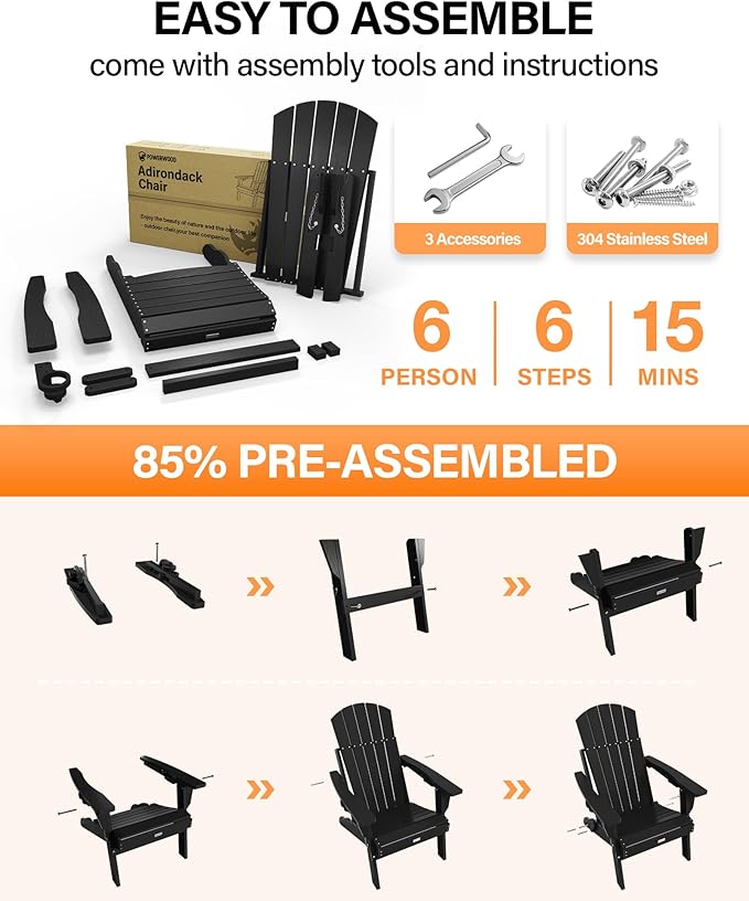 Adirondack Chairs Set of 4 for Outdoor Patio: Sturdy HDPE Plastic Fire Pit Chairs with Cup Holder & Wood Texture - Comfortable Easy to Assembly All-Weather Furniture - Easy Foldable and Stackable