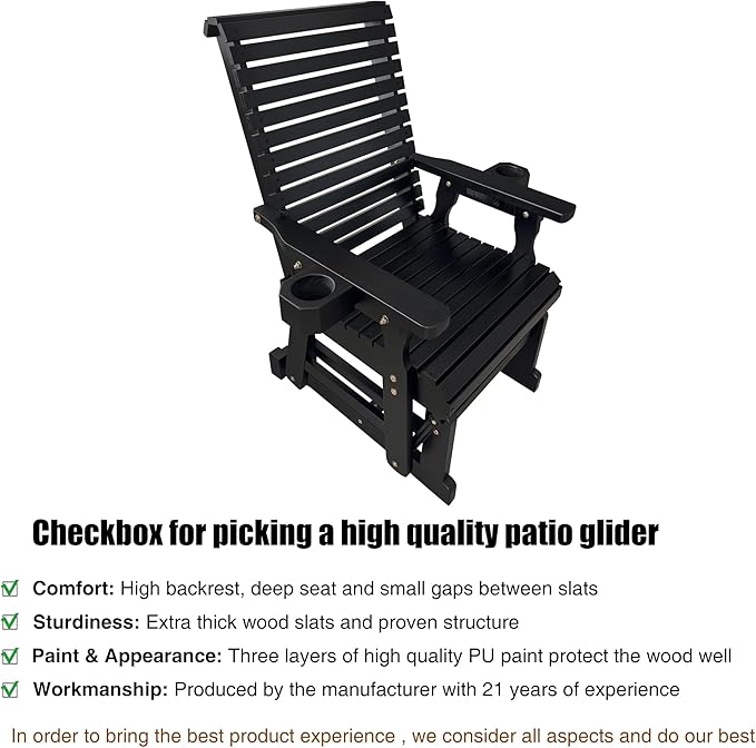 Fortune Candy Wooden Patio Glider for One Person, with High Backrest and Deep Contoured Seat, Solid Fir Wood - Photo 4