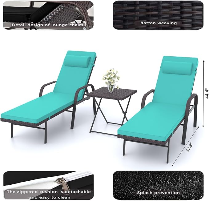 Patio Chaise Lounge Set 3 Pieces Outdoor Lounge Chair with Rattan Adjustable Backrest Armrest and Folding Table for Beach Patio,Sand, for Poolside Backyard Porch