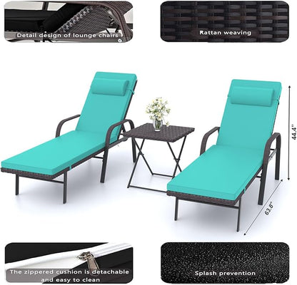 Patio Chaise Lounge Set 3 Pieces Outdoor Lounge Chair with Rattan Adjustable Backrest Armrest and Folding Table for Beach Patio,Sand, for Poolside Backyard Porch