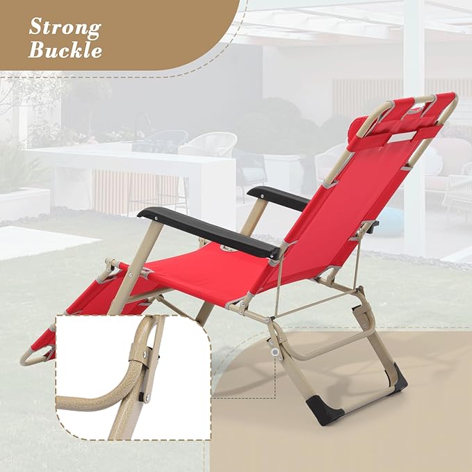 Athena Collection Zero Gravity Outdoor Lounge Chair with Headrest, 26" Width Reclining Pool Lounge Lawn Chairs Recliner, Outdoor Chaise for Beach Patio Backyard Outside, Red
