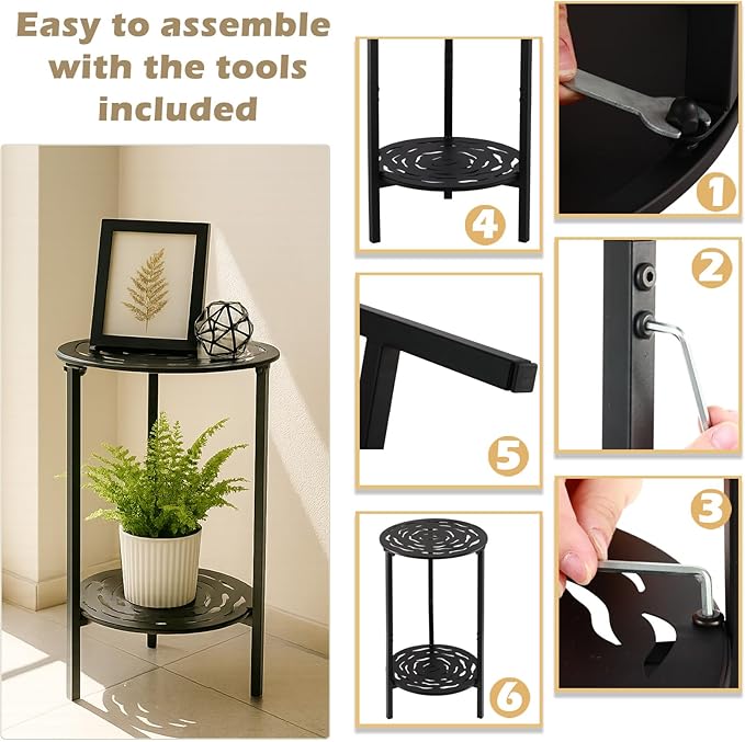 2-Tier Metal Round Side Table Black Accent Coffee Tables Small Space Corner Plant Stand Shelf for Indoor Outdoor Use - Photo 4