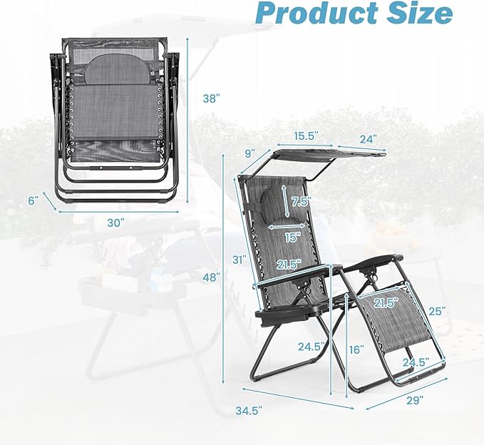 Goplus Zero Gravity Chairs, X-Large Folding Lounge Lawn Chair w/Canopy Shade & Cup Holder - Photo 3
