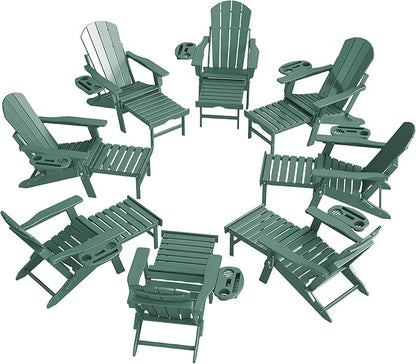 FOOWIN Adirondack Chair with Retractable Ottoman,HDPE Folding Adjustable Adirondack Chair w/4 in 1 Cup Holder Trays,All-Weather Resistant Fire Pit Chair for Outdoor Patio Lawn Set of 8