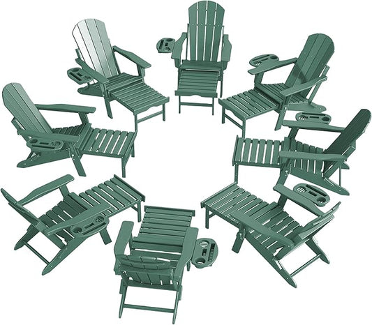 FOOWIN Adirondack Chair with Retractable Ottoman,HDPE Folding Adjustable Adirondack Chair w/4 in 1 Cup Holder Trays,All-Weather Resistant Fire Pit Chair for Outdoor Patio Lawn Set of 8