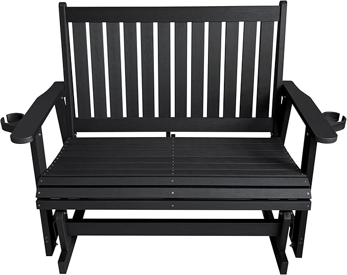 HIPS Patio Glider Two-Seat with Cup Holders, Durable HIPS Material, All-Weather Resistant, High Backrest and Deep Contoured Seat, Heavy Duty 900 LB, for Outdoor, Porch, Patio (Vanta Black)
