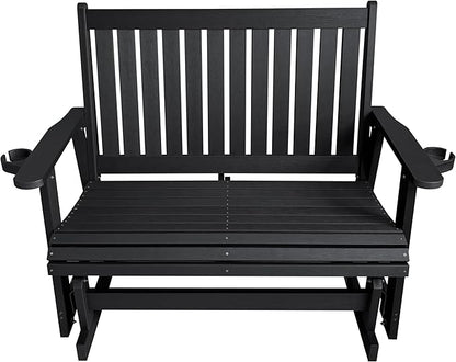 HIPS Patio Glider Two-Seat with Cup Holders, Durable HIPS Material, All-Weather Resistant, High Backrest and Deep Contoured Seat, Heavy Duty 900 LB, for Outdoor, Porch, Patio (Vanta Black)
