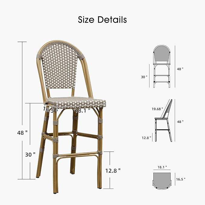 PURPLE LEAF French Bar Stool Set of 2 Bamboo Print Finish Patio Bar Stools with Back Rattan Chairs Wicker Bar Height - Photo 7